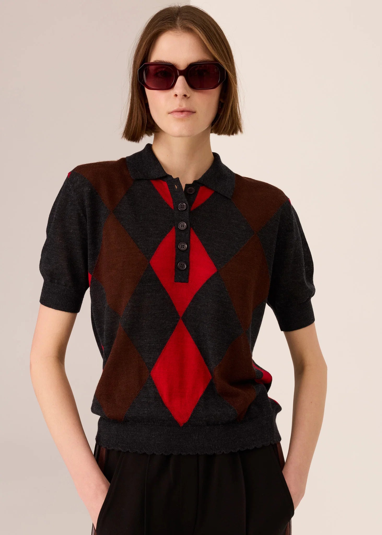 Pol Meira Argyle Knit Tee - Charcoal/Red/Toffee – Wanda Harland