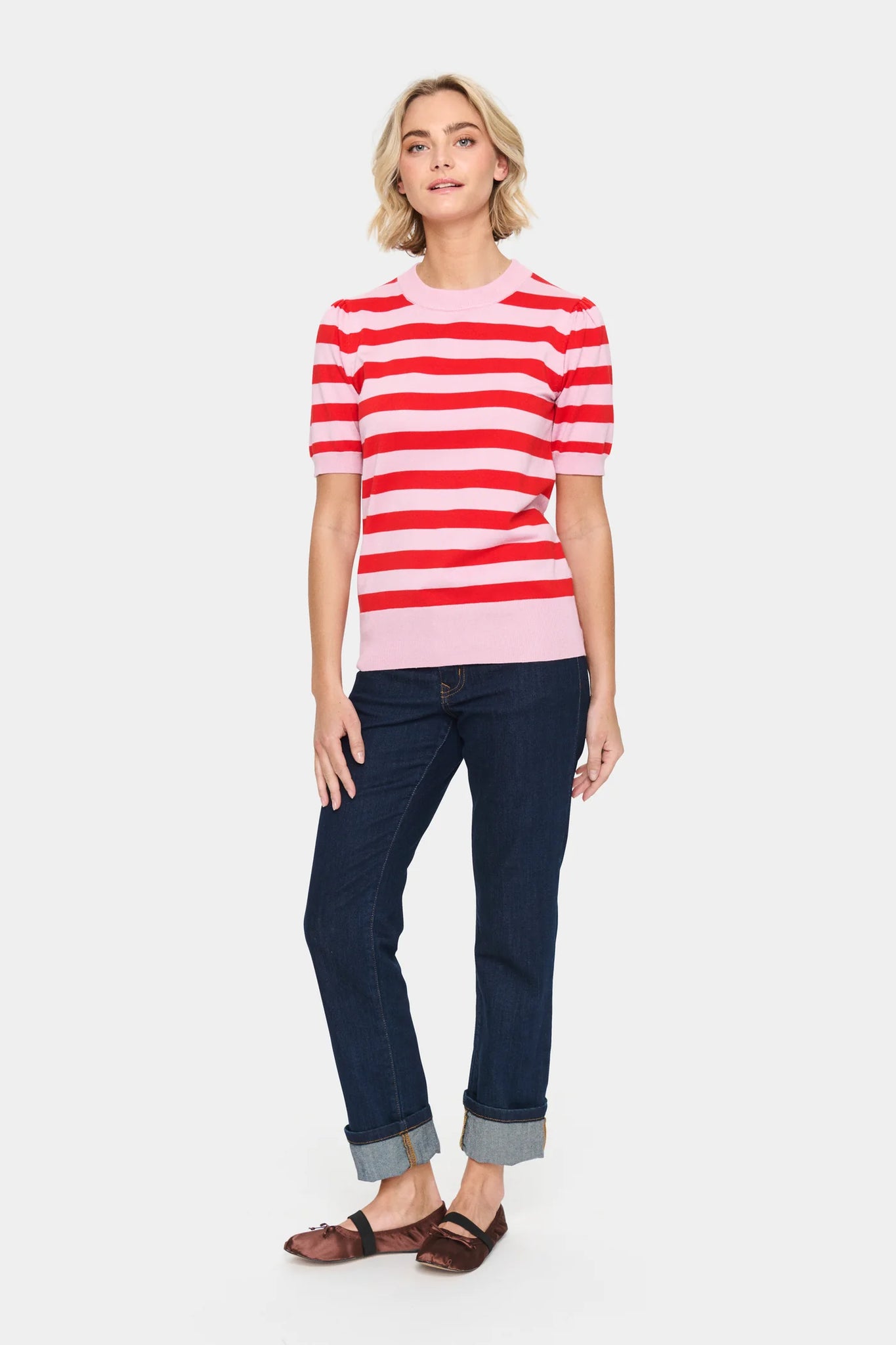 Saint Tropez Mila SS Block Stripe Pullover - Pink Flame Block Stripe