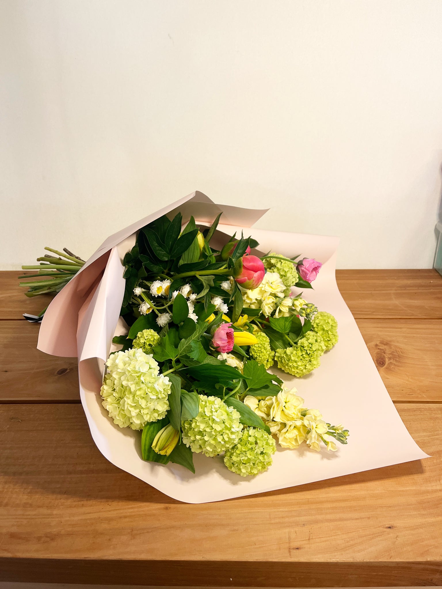 Seasonal bunch of fresh flowers with peonies - large