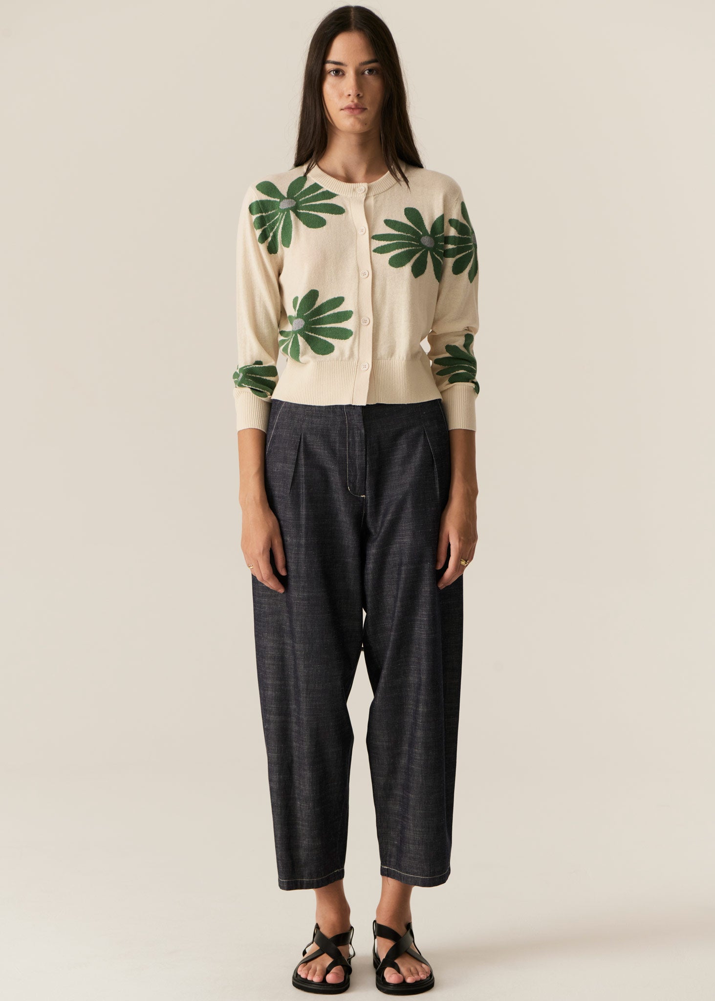 Pol Lask Daisy Cardigan - Ecru/Green