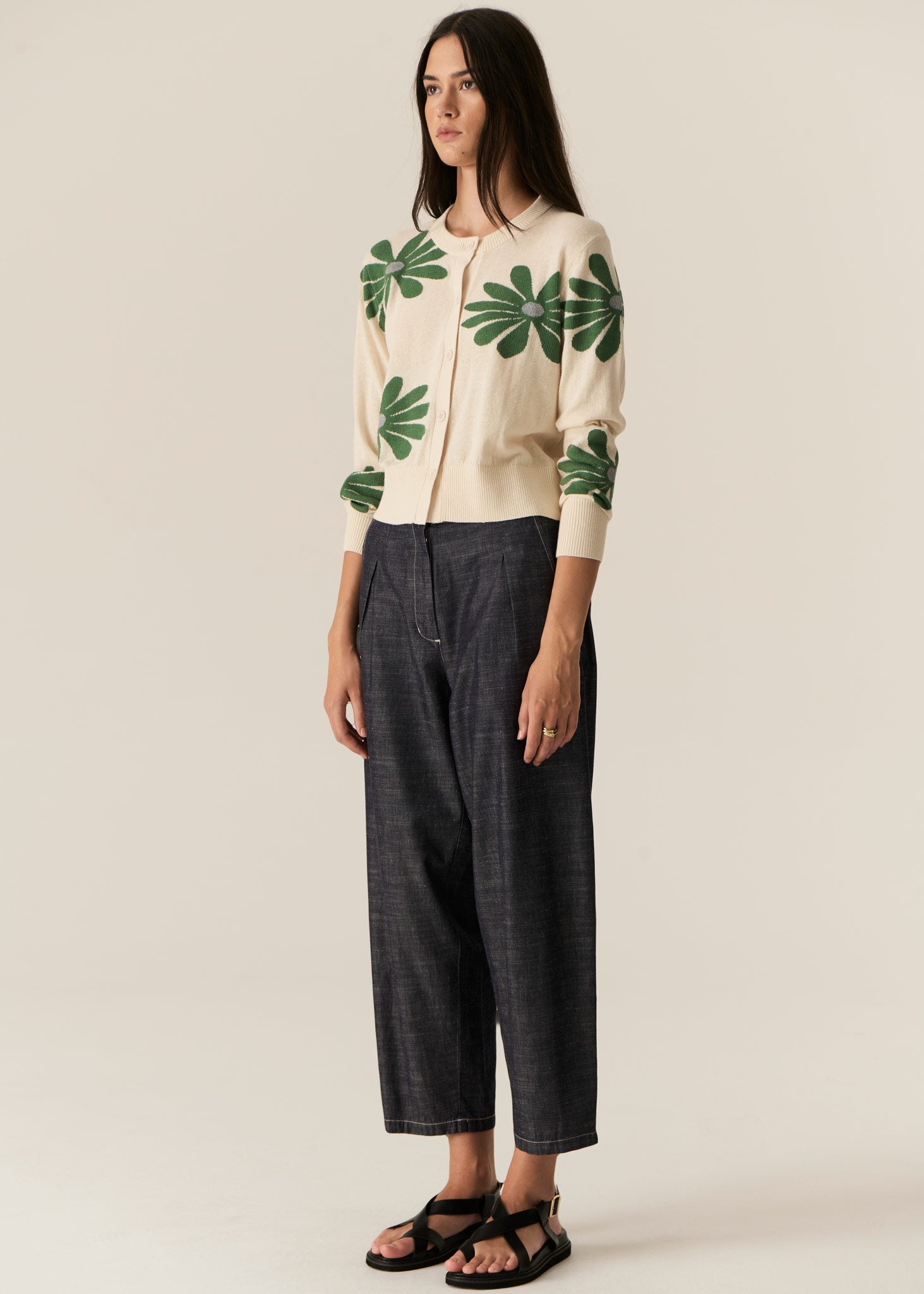 Pol Lask Daisy Cardigan - Ecru/Green