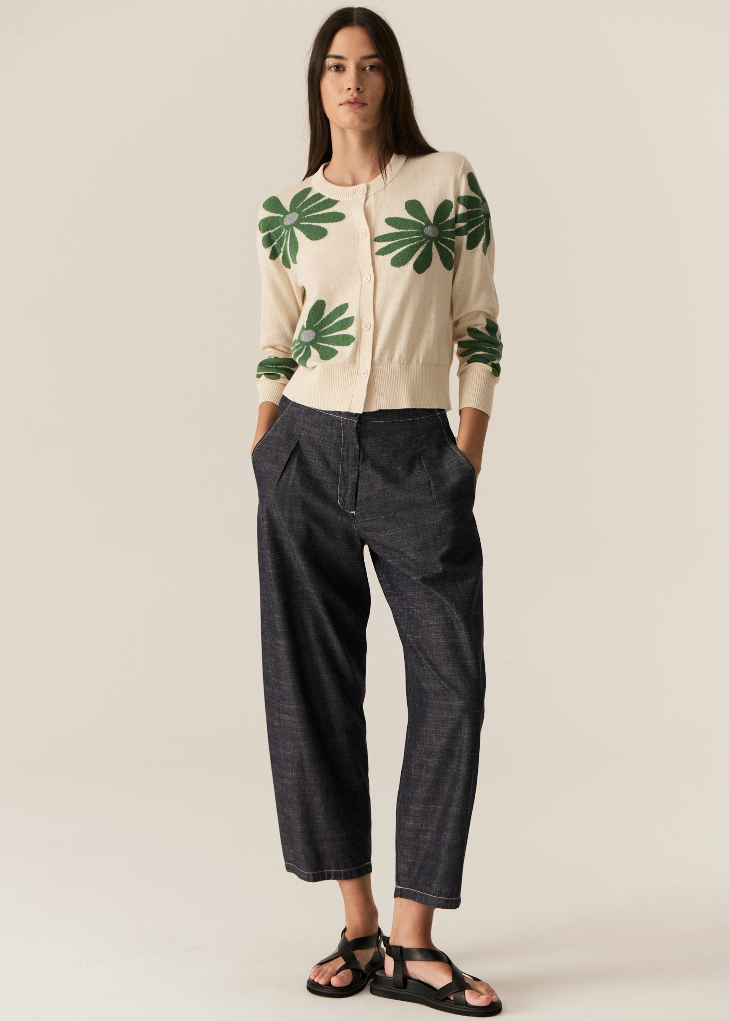 Pol Lask Daisy Cardigan - Ecru/Green