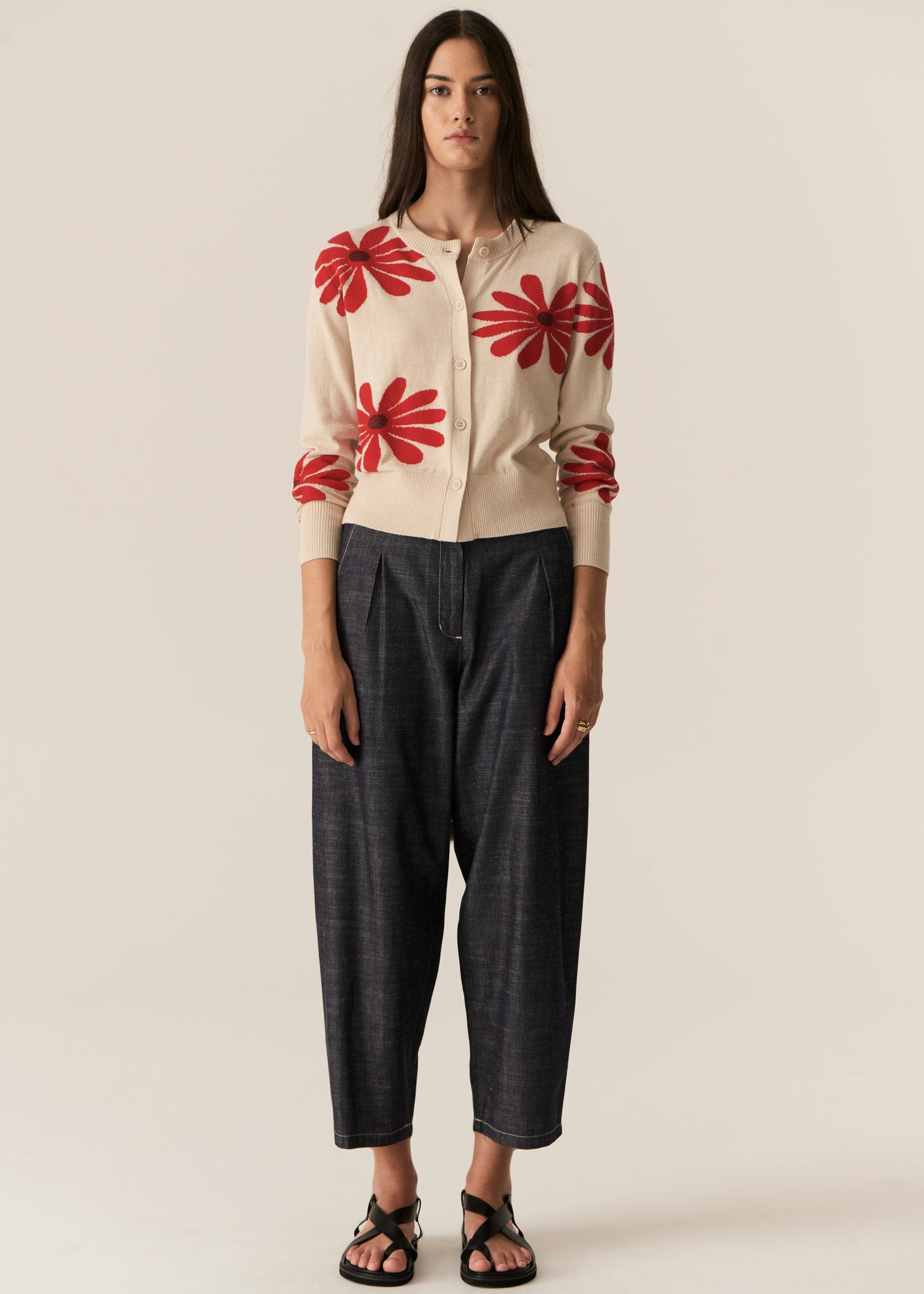 Pol Lask Daisy Cardigan - Ecru/Red