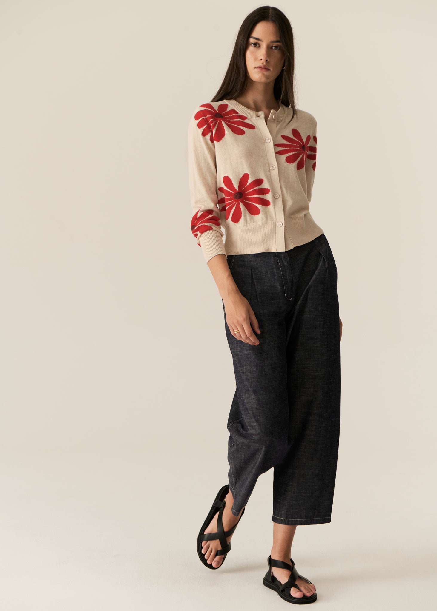 Pol Lask Daisy Cardigan - Ecru/Red