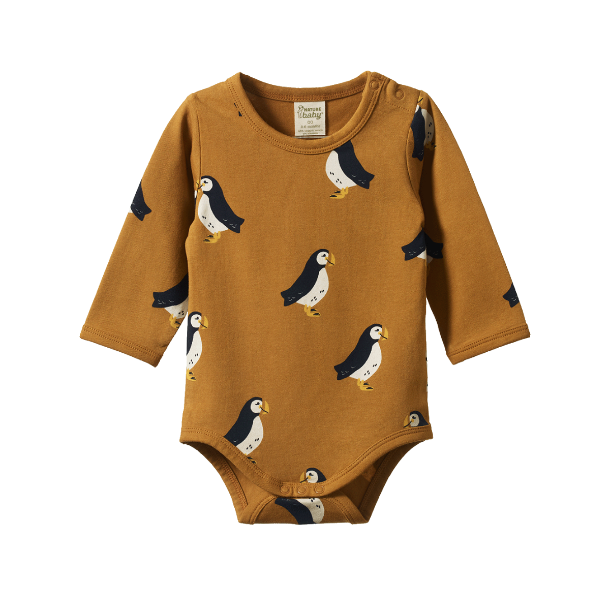 Nature Baby Stretch Jersey Long Sleeve Bodysuit - Puffin Toffee Print