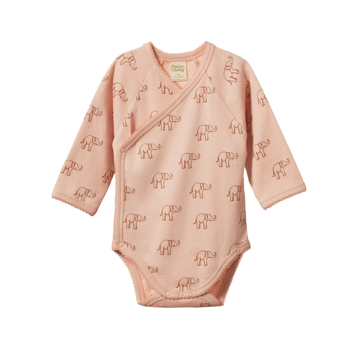 Nature Baby Long Sleeve Kimono Bodysuit - Elephant Rose Dust
