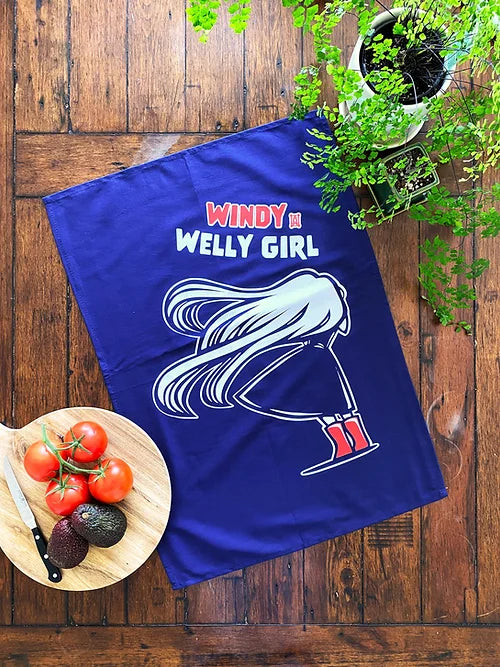 WIndy Welly Girl Teatowel - Navy
