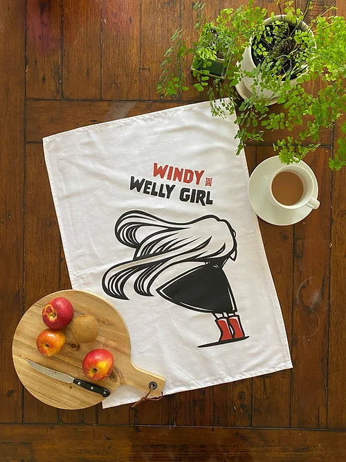 WIndy Welly Girl Teatowel - White